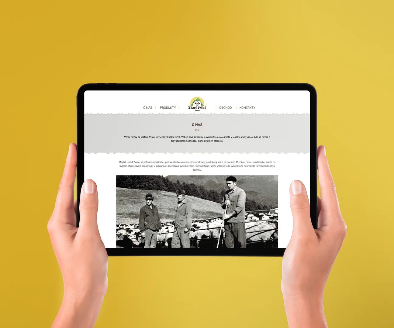 Zlatý vŕšok about page on tablet